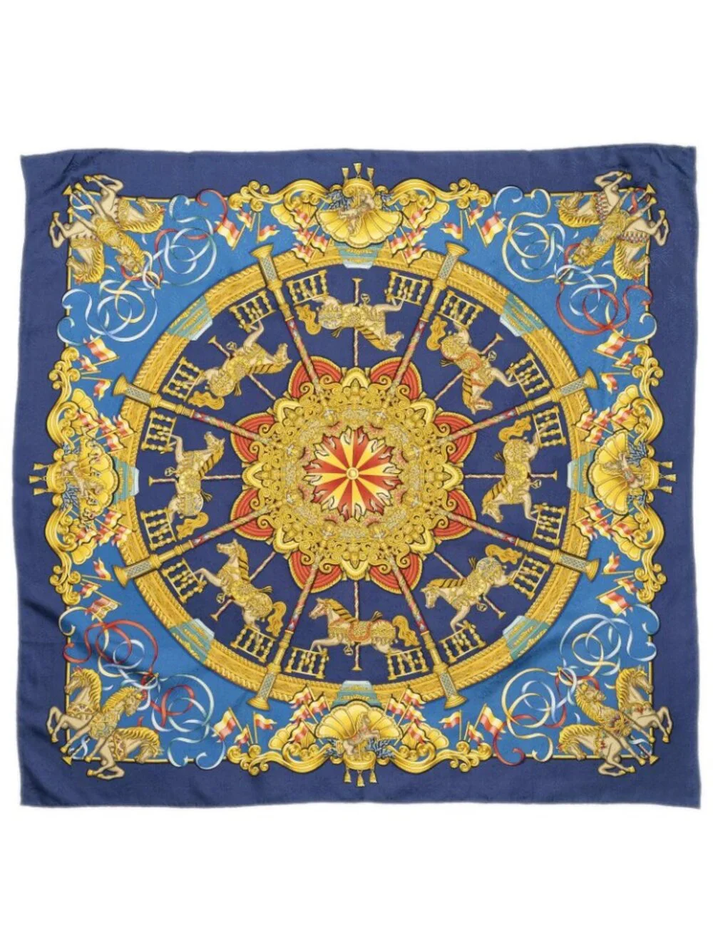 Hermes Scarf Navy Gold Blue Jacquard Silk